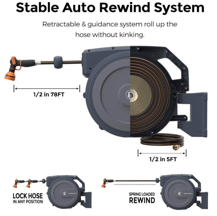 Giraffe Tools Retractable Garden Hose Reel Wall Mount 1/2-IN 78-FT with Nozzle
