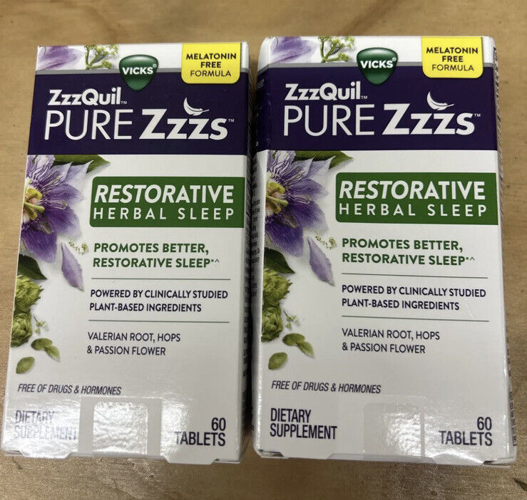 2Pack VICKS Zzzquil Pure Zzzs Restorative Herbal Sleep Melatonin Free 120 Tablet