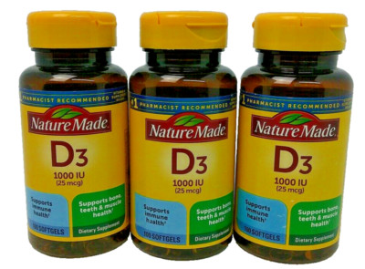 Lot of 3 Nature Made Vitamin D3 1000 IU 25 mcg  100 Softgels EXP June,Oct,Nov 25