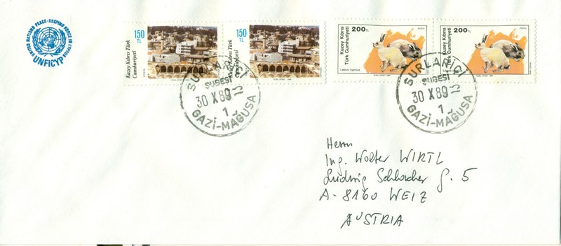 Cyprus Turkish 1989 Cover Unificyp Famagusta Rabbits And Tourism   To Austria