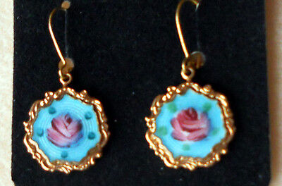 Vintage Earrings Guilloche Enamel Rose Floral Victorian Garden Party Tea #1453