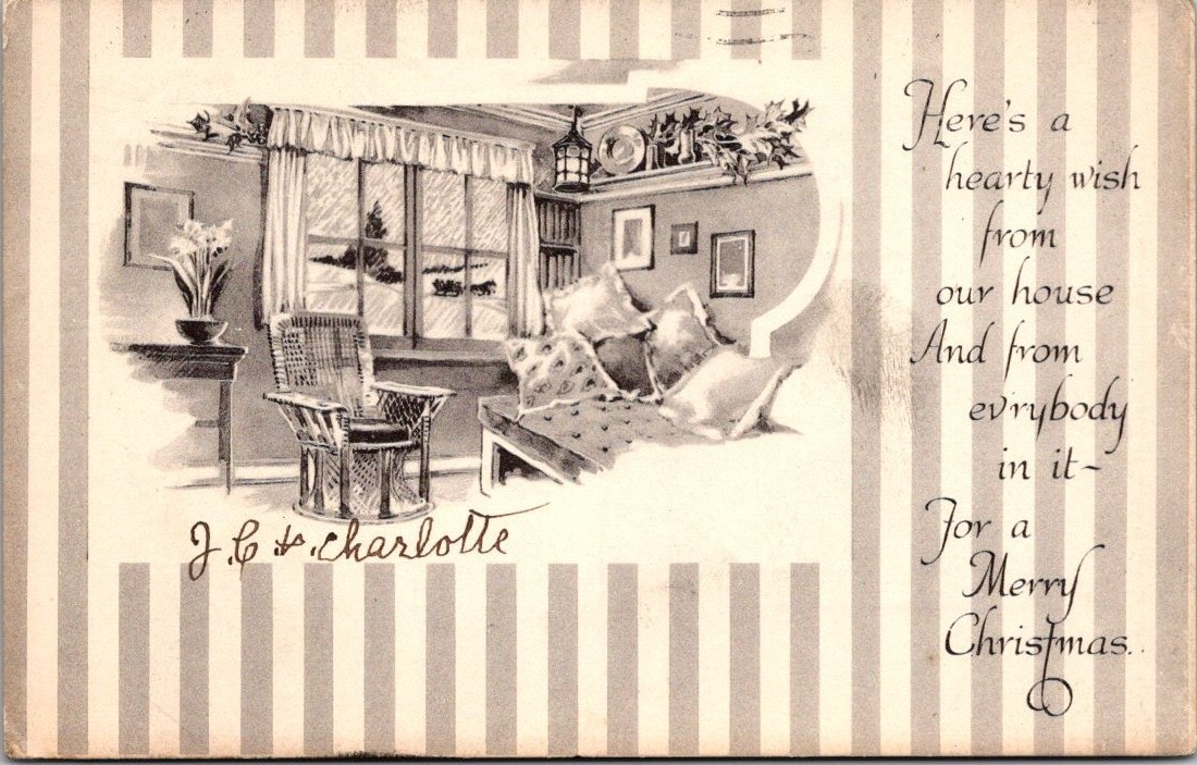 1919 Gibson Art Christmas Postcard Home Interior Wicker Chair Williamsburg PA