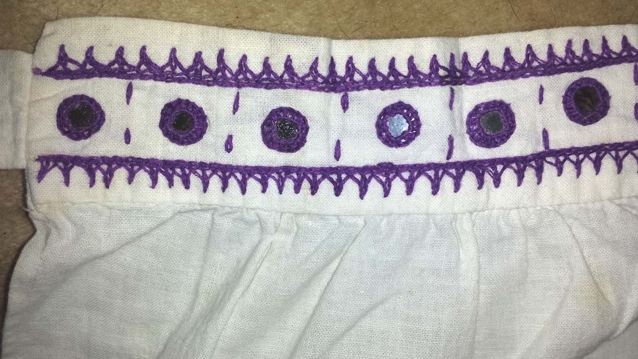 Vintage Hand Made White Apron with Purple Embroidery & Silver Bangles