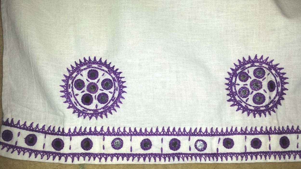 Vintage Hand Made White Apron with Purple Embroidery & Silver Bangles