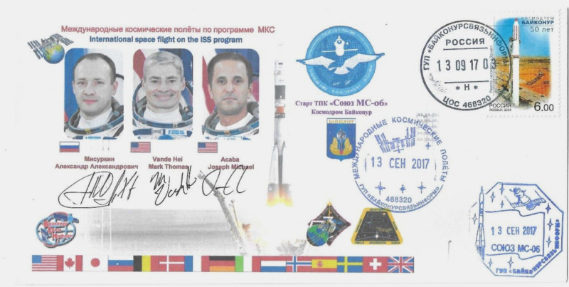 Space Cover Iss Flights Soyuz Ms-06 Signed Misurkin Vande Hei Acaba