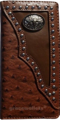 Longhorn Mens Wallet Western Bifold Check Book Style W011-14 Ostrich Brown