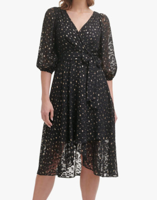 NWT DKNY Balloon Sleeve V-Neck Wrap Black & Gold Belted Dress Size 20W