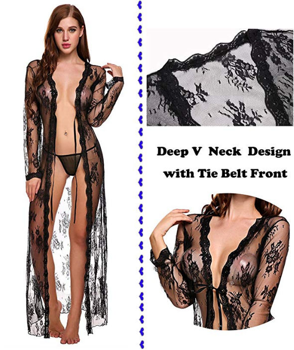Women's Sexy Lingerie See-Through Lace Mesh Babydoll Nightwear Long Gown Dress
