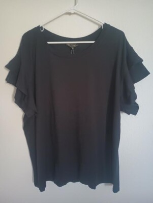 DG2 BY DIANE GILMAN WOMEN'S TOP BLACK DOUBLE RUFFLE SHORT SLEEVE COTTON MODAL 1X
