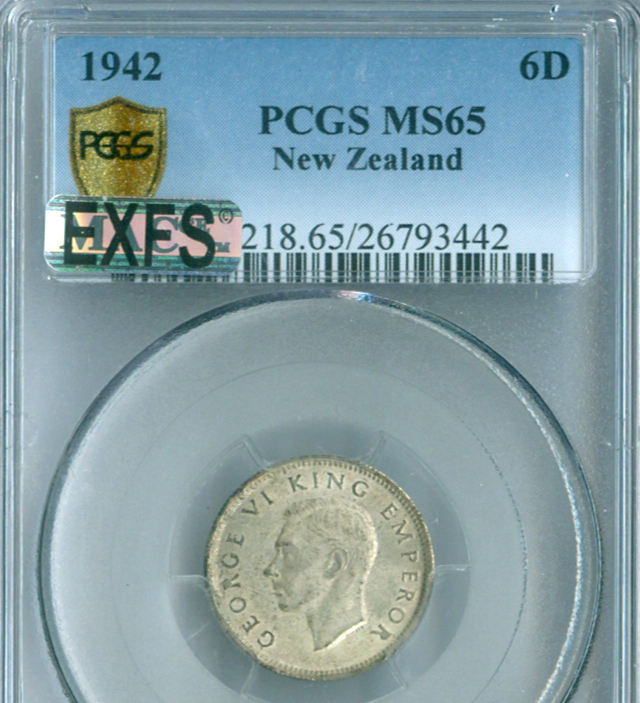 1942 NEW ZEALAND 6 PENCE 6P PCGS MS65 MAC EXFS 2ND FINEST GRADE VERY RARE .