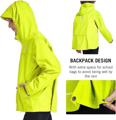 BALEAF Youth Rain Jacket Waterproof Kids Windbreaker Fluorescent Yellow Size M
