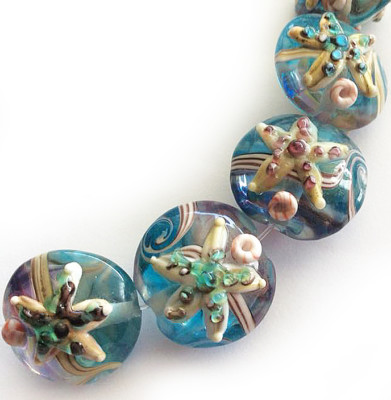 Handmade Lampwork Glass Lentil Bead Starfish Blue Sea Shell 15mm 4 beads  