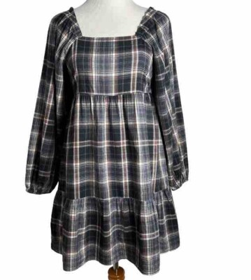 Universal Thread Women s XL Babydoll Dress Navy Plaid Square Neck Boho NWTs