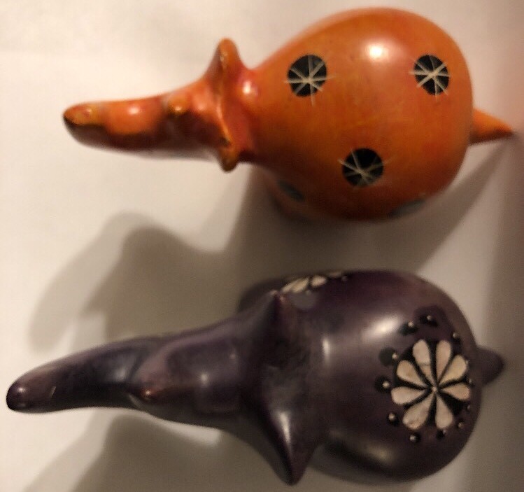 Pair Soapstone Figures Handcrafted Kenya Rhino Purple Orange Lot Of 2