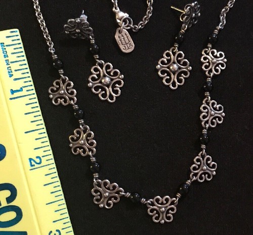 JAMES AVERY RETIRED ONYX FILIGREE NECKLACE & EARRINGS SET STERLING SILVER