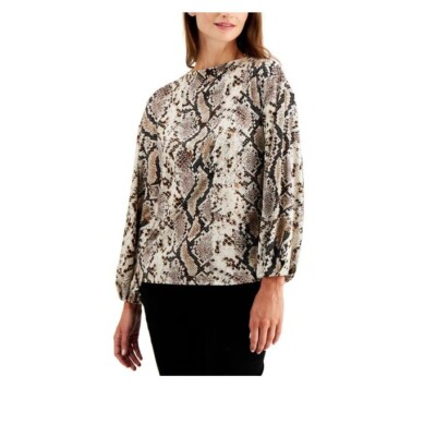 Alfani Womens Plus 3X Natural Primary Python Long Sleeve Blouse Top NWT DH71
