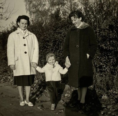 Girl Holding Hands With Two Women B&W Photograph 2.75 x 2.75