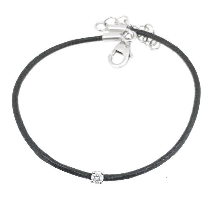 Pre-owned Kgm Diamonds Solitaire Natural Diamond Bracelet 0.06 Ct White Gold 18k Gray Leather Birthday In F