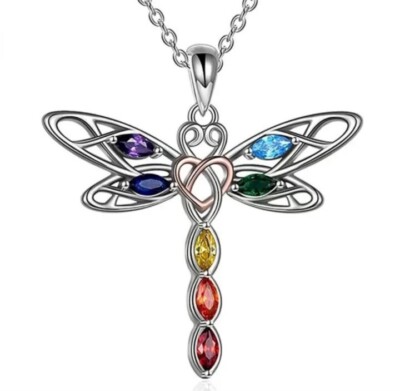 WOMEN LADIES 7 CHAKRA DRAGONFLY IRISH KNOT INSECT WINGS CELTIC CRYSTAL NECKLACE