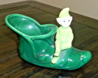 Vintage Lime Green/Charteuse Pixie Elf Figurine/Figure Sitting/Shoe/Boot Planter