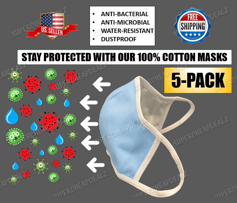 

5 Pack - Трехслойная маска для лица для взрослых из 100% хлопка - Многоразовая моющаяся унисекс, Многоцветный