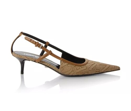 Pre-owned Versace Greca Beige Logo Slingback Kitten Heel In Box Size 36