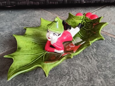 Mid Century Pixie Elf Laying On Holly Leaf Trinket Dish Bowl 10'' X 5'' 