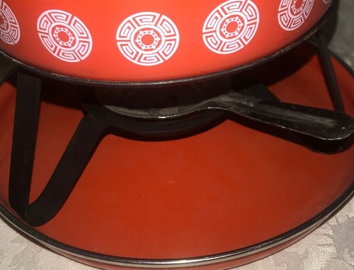 Vintage Mid Century Orange Fondue Pot w/Metal Stand Western Germany NTN