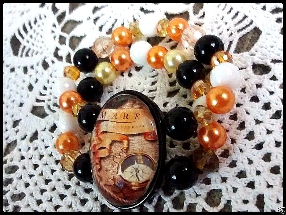 Chunky beaded steampunk stretch cuff bracelet Out to Sea compass & map art