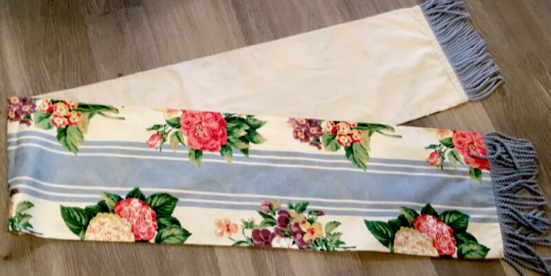 Table Runner Or Dresser Scarf, Upholstery Fabric, Floral Design, Blue Fringe