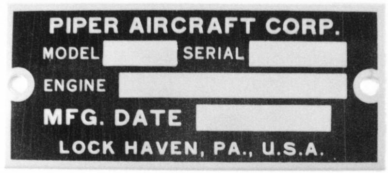 Piper Data Plate, J-3 Cub, L-4, PA-18, Vintage General Aviation  DPL-0104