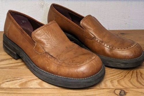 Y2K Womens Brown Leather Slip On Loafers Clunky Eclectic