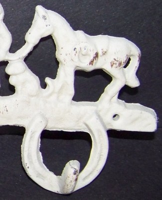 Western Cast Iron Sign 3 Hooks Cowboys Horses Horseshoes Hook Wall Rack White