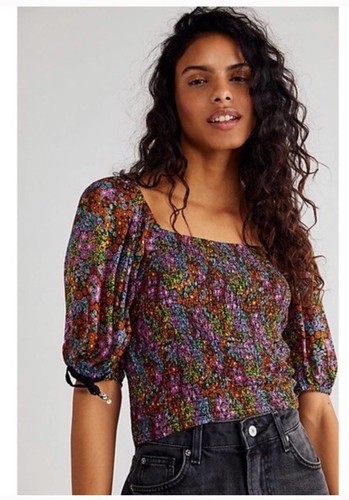 Укороченный топ Free People Back On Top с пышными рукавами и цветочным принтом, присборенный в складку S