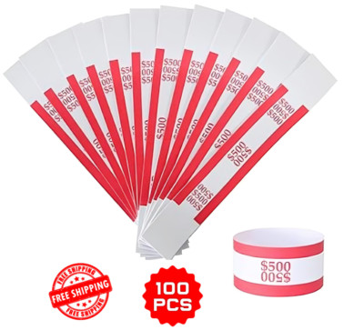100 PCS Self-Sealing Red $500 Currency Straps Money Bands for Paper Money