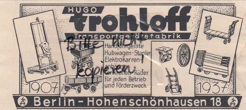 Berlin-HohenschÃNhausen, Werbung 1939, Hugo Frohloff Transport-GerÃ¤Te-Fabrik