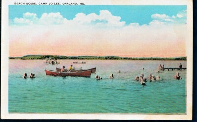 Postcard Beach Scene Camp Jo Lee Oakland Maine Me Postcard Swimmer Boats Lake