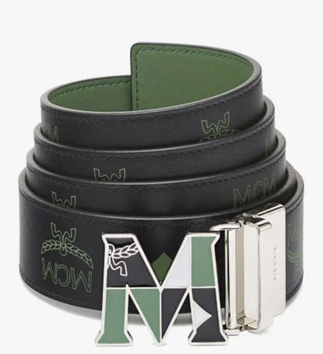 Pre-owned Mcm Claus Reversible Leather Belt 1.5" Loden Frost/black Logo/epoxy $390