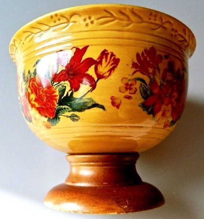 F.T.D. Yellow Flower Arrangement Bowl w/Floral Side & Wood Pedestal Autumn VTG