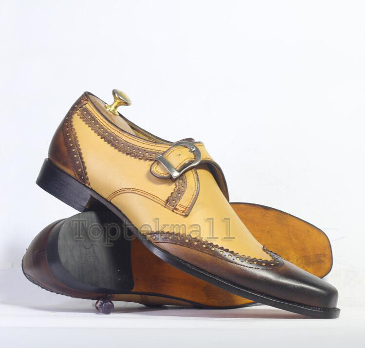 Pre-owned Handmade Men's Leather Monk Strap Brown And Yellow Formal Casual Dress Shoes-111