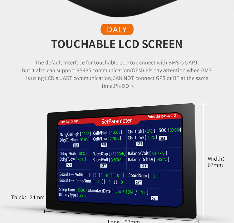 Daly BMS Board Accessories Touch Control Screen UART/RS485 LCD  Display Monitor