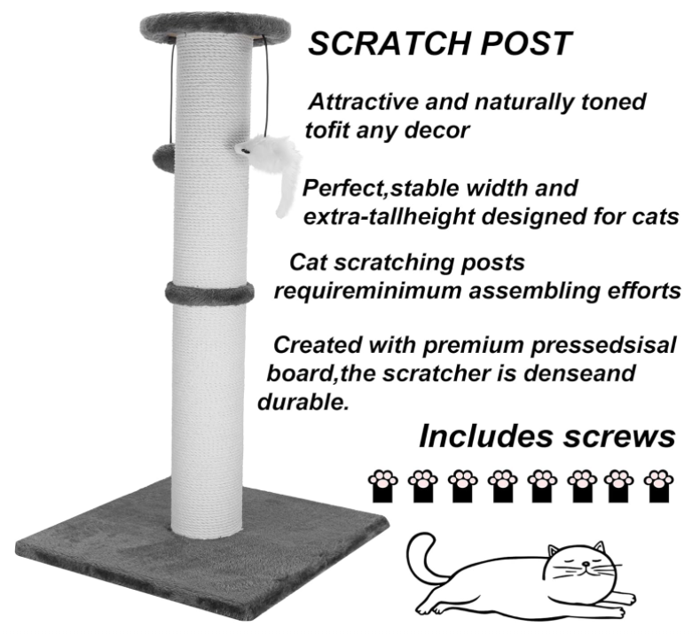34" Heavy Duty Cat Scratching Post with Sisal Rope, Hanging Ball & Mice (Grey)