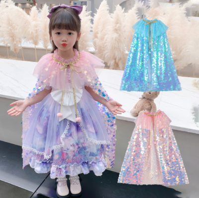Kids Sequins Scale Shaped Cloak Cape for Girls Elsa Princess Costume Fancy Dress