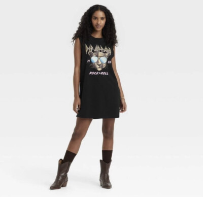 Def Leppard Rock n Roll Graphic Tank Tee Dress Black, Cat Sunglasses Punk, Sz M