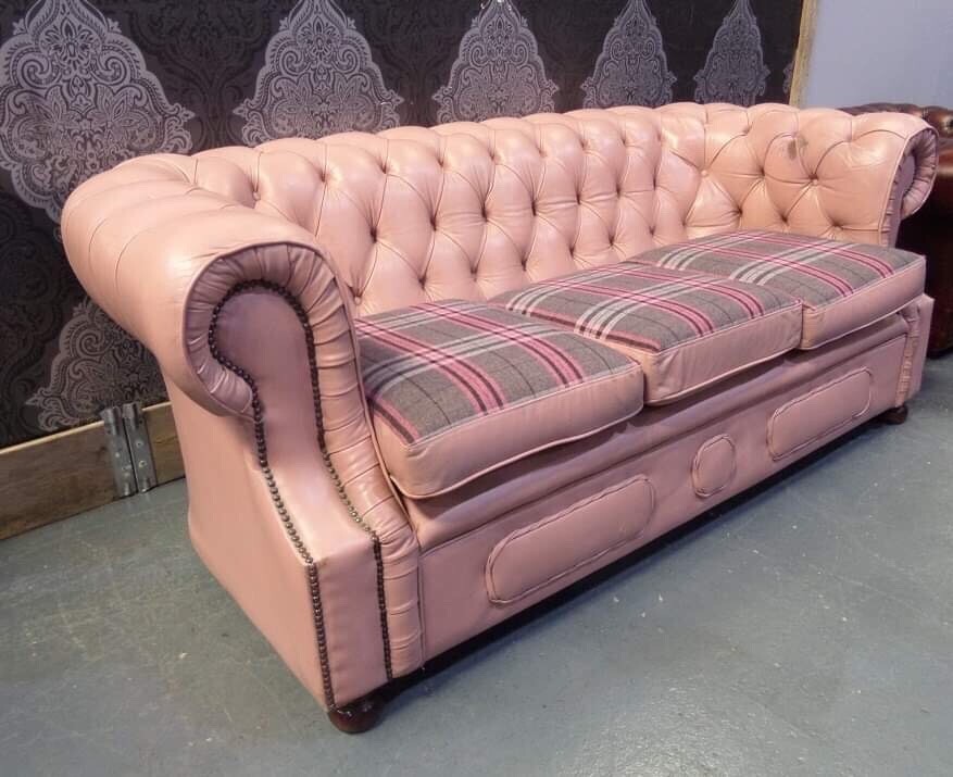 Chesterfield 3 Seater Sofa Grey Tartan Pink Leather Uk