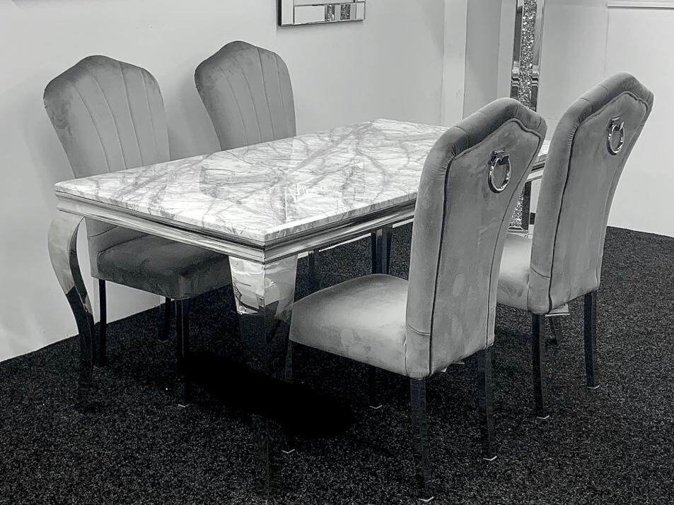 Brand new marble dining table + 4 grey velvet knocker back chairs in