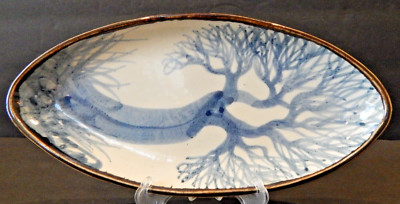 Studio Art Pottery Ceramic Hand Painted Blue Tree Oval Serving Plate Dish - 9.5''