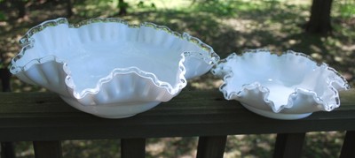 Set of 2 Vintage FENTON SilverCrest WHITE MILK GLASS Bowl Dish  RUFFLE 10.5 & 8