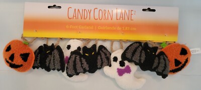 Candy Corn Lane 6ft Garland Ghosts Bats Jack O Lantern Soft Crochet NEW