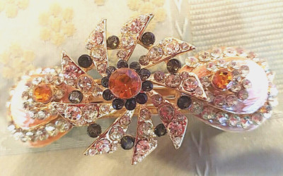 Peach Orange Pink Austrian Crystal Rhinestone Hair Barrette Gift Box